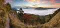 Autumn sunrise above mist and forest landscape, Slovakia, Nosice Royalty Free Stock Photo