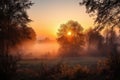 autumn sunrise, with sun rising over misty landscape, and silhouettes of trees Royalty Free Stock Photo