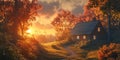 Autumn Sunset Cottage Peaceful Nature Scene Royalty Free Stock Photo