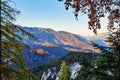 Autumn sunset lanscape in Austrian Alps with mountains and forest. Salzkammergut region