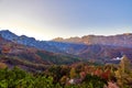 Autumn sunset lanscape in Austrian Alps with mountains and forest. Salzkammergut region