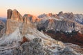 Autumn sunset over Averau Peak 2649 m in the Dolomites. Royalty Free Stock Photo