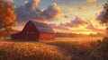 Golden Sunset Over Red Barn in Autumn Field Royalty Free Stock Photo