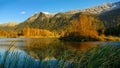 Autumn sunset panorama format photo of Cheam Lake Wetlands Regional Park with the Mount Cheam in the background, Rosedale Royalty Free Stock Photo