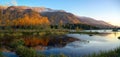 Autumn sunset panorama format photo of Cheam Lake Wetlands Regional Park with the Mount Cheam in the background, Rosedale Royalty Free Stock Photo