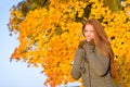 Autumn sunset park - red hair woman fashion Royalty Free Stock Photo