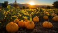 Autumn sunset, pumpkin harvest, nature lantern in October generated by AI