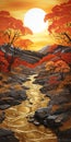 Autumn Sunset: A Richly Detailed Art Nouveau Painting Of A Scottish Stream