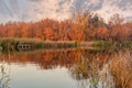 Autumn sunset river Ros landscape, Ukraine