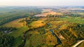Autumn Sunset rural aerial view with meadows, river, village, di Royalty Free Stock Photo