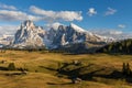 Autumn sunset at Seiser Alm with view at Sassolungo in Dolomites in Italy