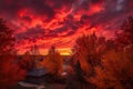 autumn sunset, with the sky and leaves in fiery reds and oranges