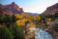 Autumn Sunset on the Watchman and River, Zion National Park, Utah Royalty Free Stock Photo