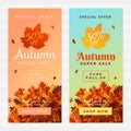 Autumn super sale banner background design. Fall discount online shop web flyer template.