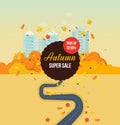 Autumn super sale, save up, special offers, discounts. Autumn park.