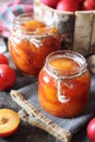 Autumn sweet. Homemade red plums jam in two jars and fruits Royalty Free Stock Photo