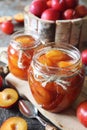 Autumn sweet. Homemade red plums jam in two jars and fruits Royalty Free Stock Photo