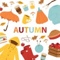 Autumn symbols banner items card with clothes related to autumn. Rainy cold time to celebrate Happy gold and yellow