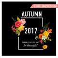 Autumn T-shirt Floral Design with Maple Leaves and Flowers. Fall Background
