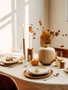 Autumn table decor, brown and beige fall home interior decoration, afternoon light Royalty Free Stock Photo