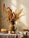 Autumn table decor, brown and beige fall home interior decoration, afternoon light Royalty Free Stock Photo