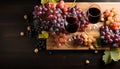 Autumn table organic wine, fresh grape, rustic wood, leaf decoration generated by AI Royalty Free Stock Photo