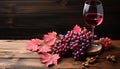 Autumn table organic wine, fresh grapes, rustic wood background generated by AI Royalty Free Stock Photo