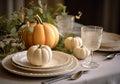 Autumn table scape with mini white pumpkins , ceramic plates, candles and napkins, AI Generated