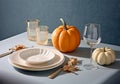 Autumn table scape with mini white pumpkins , ceramic plates, candles and napkins, AI Generated