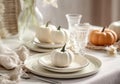 Autumn table scape with mini white pumpkins , white ceramic plates, candles and grey napkins, AI Generated