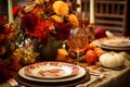 Autumn table setting with candles, pumpkins and flowers. Thanksgiving table decoration