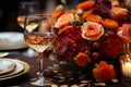 Autumn table setting with candles, pumpkins and flowers. Thanksgiving table decoration