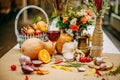 Autumn table setting with pumpkins and leaves. Thanksgiving dinner
