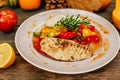 Autumn table setting with pumpkins. Thanksgiving dinner.grilled chicken breast with vegetables Royalty Free Stock Photo