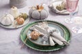 Autumn table setting with pumpkins. Thanksgiving holiday dinner and fall decoration Royalty Free Stock Photo