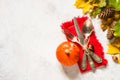 Autumn table setting top view at white table. Royalty Free Stock Photo
