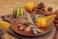 Autumn Table Setting. Thanksgiving Cutlery, Traditional Fall Decor, Flat Lay. Festive Cozy Mood