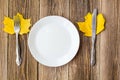 Thanksgiving dinner plate with fork, knife and autumn leaves on rustic wooden table background. Top view, copy space Royalty Free Stock Photo