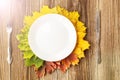 Thanksgiving dinner plate with fork, knife and autumn leaves on rustic wooden table background. Top view, copy space Royalty Free Stock Photo