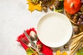 Autumn table setting top view at white table. Royalty Free Stock Photo