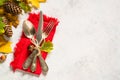Autumn table setting top view at white table. Royalty Free Stock Photo
