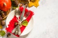 Autumn table setting top view at white table. Royalty Free Stock Photo