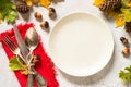Autumn table setting top view at white table. Royalty Free Stock Photo