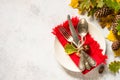 Autumn table setting top view at white table. Royalty Free Stock Photo