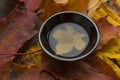 Autumn tea ceremony still life black cup of tea closup background