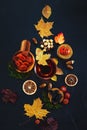 Cup of tea, dried fruits, nuts and leaves on a black background Royalty Free Stock Photo