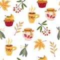 Autumn tea party seamless pattern. Hand draw tea mugs, jars of jam, pumpkin pie, red berries and leaves. Cozy tea time design for