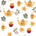 Autumn Tea party seamless pattern. Teapot, cup, cake, autumn leaves and berries. Cozy time. Perfect for printing on paper, fabric