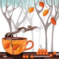 Autumn Tea Time. Vector illustration with cup of aromatic tea.