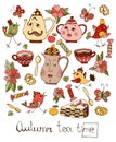 Autumn teatime. Beautiful card with colorful hand drawn elements for tea party Royalty Free Stock Photo